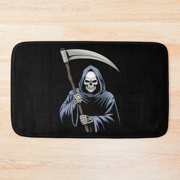Item preview, Grim reaper holding a scythe in dark attire with a striking orange background, illustrating the concept of death by design designed and sold by Reichcorp.
