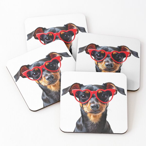Item preview, Funny cool Miniature Pinscher dog wearing a heart shape sunglasses designed and sold by LazyOwlStore.