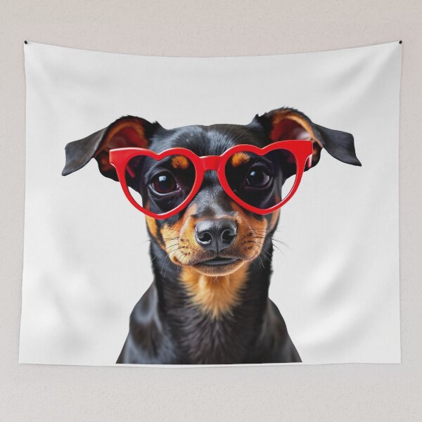 Item preview, Funny cool Miniature Pinscher dog wearing a heart shape sunglasses designed and sold by LazyOwlStore.