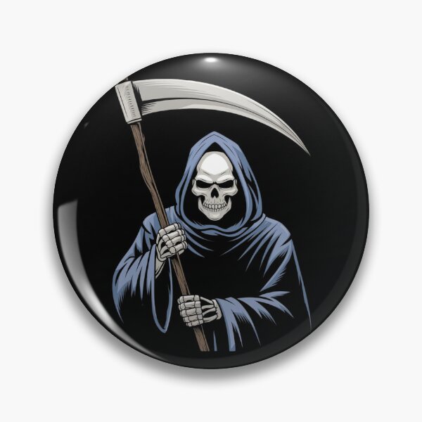 Item preview, Grim reaper holding a scythe in dark attire with a striking orange background, illustrating the concept of death by design designed and sold by Reichcorp.