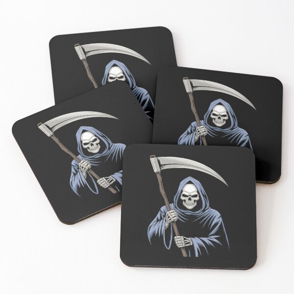 Item preview, Grim reaper holding a scythe in dark attire with a striking orange background, illustrating the concept of death by design designed and sold by Reichcorp.