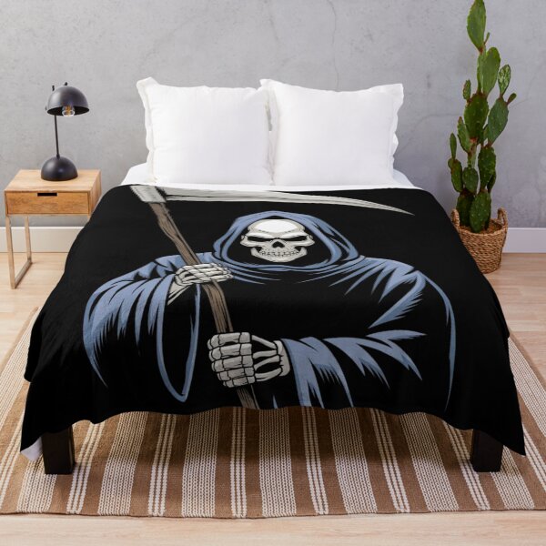 Item preview, Grim reaper holding a scythe in dark attire with a striking orange background, illustrating the concept of death by design designed and sold by Reichcorp.