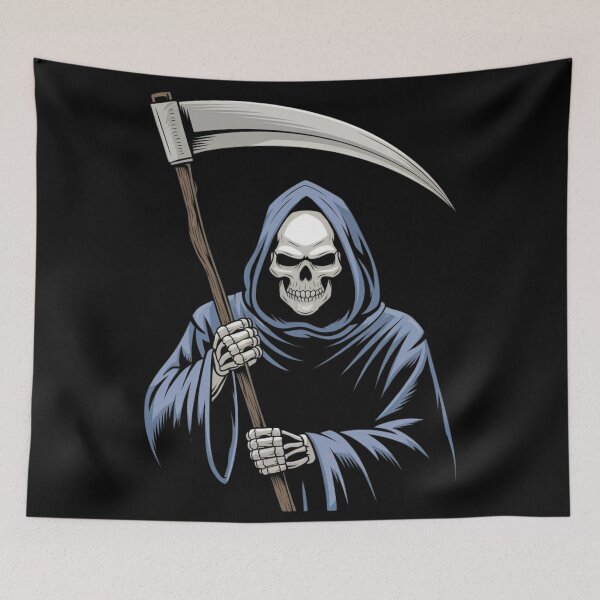 Item preview, Grim reaper holding a scythe in dark attire with a striking orange background, illustrating the concept of death by design designed and sold by Reichcorp.