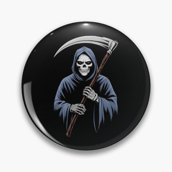 Item preview, Grim reaper holding a scythe in dark attire with a striking orange background, illustrating the concept of death by design designed and sold by Reichcorp.