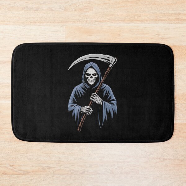 Item preview, Grim reaper holding a scythe in dark attire with a striking orange background, illustrating the concept of death by design designed and sold by Reichcorp.