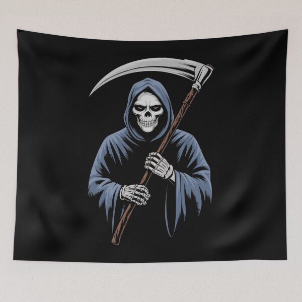 Item preview, Grim reaper holding a scythe in dark attire with a striking orange background, illustrating the concept of death by design designed and sold by Reichcorp.