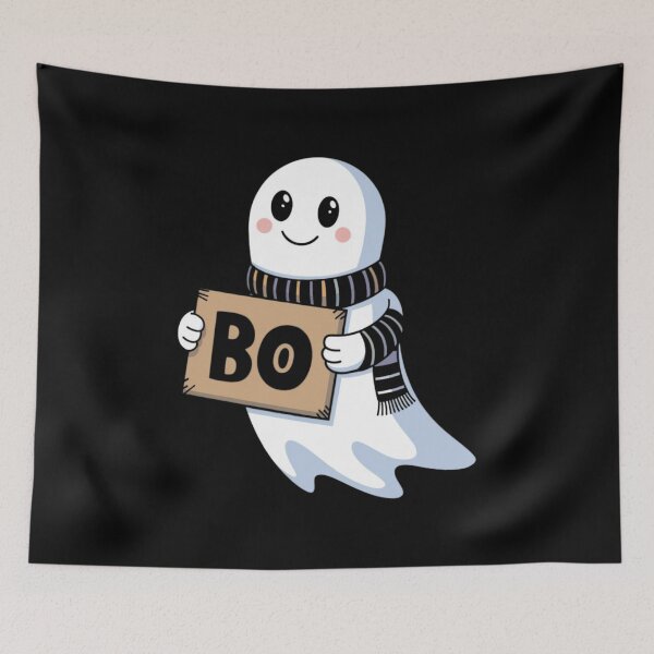 Item preview, A playful ghost character holding a sign that says Boo, set against a dark background for Halloween celebration designed and sold by Reichcorp.