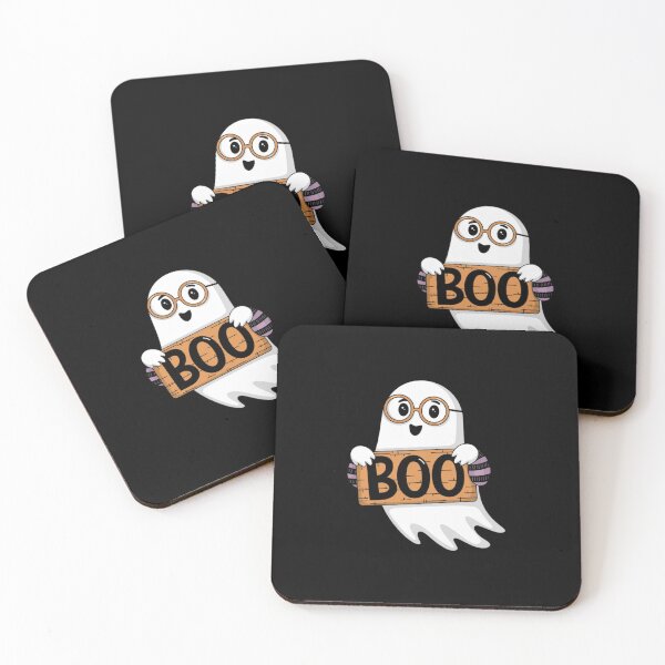 Item preview, A playful ghost character holding a sign that says Boo, set against a dark background for Halloween celebration designed and sold by Reichcorp.