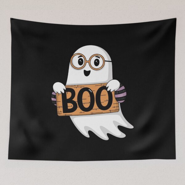 Item preview, A playful ghost character holding a sign that says Boo, set against a dark background for Halloween celebration designed and sold by Reichcorp.