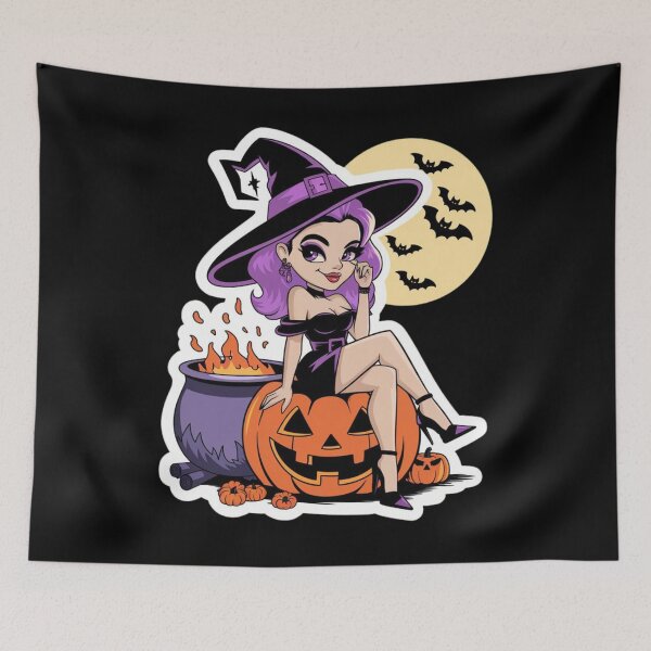 Item preview, A whimsical witch sitting on a pumpkin next to a cauldron with bats flying under a full moon at Halloween designed and sold by Reichcorp.