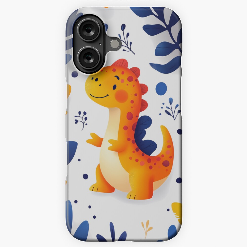 iPhone Snap Case: Adorable Orange Dinosaur in Prehistoric Blue Leaves Jungle