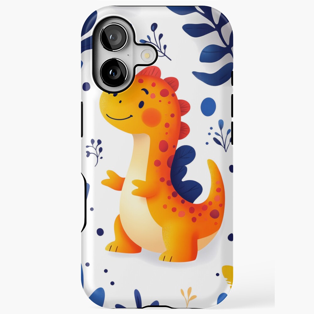 iPhone Tough Case - Adorable Orange Dinosaur in Prehistoric Blue Leaves Jungle