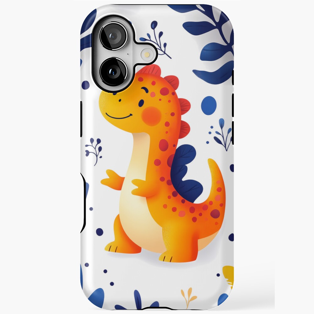 Adorable Orange Dinosaur in Prehistoric Blue Leaves Jungle