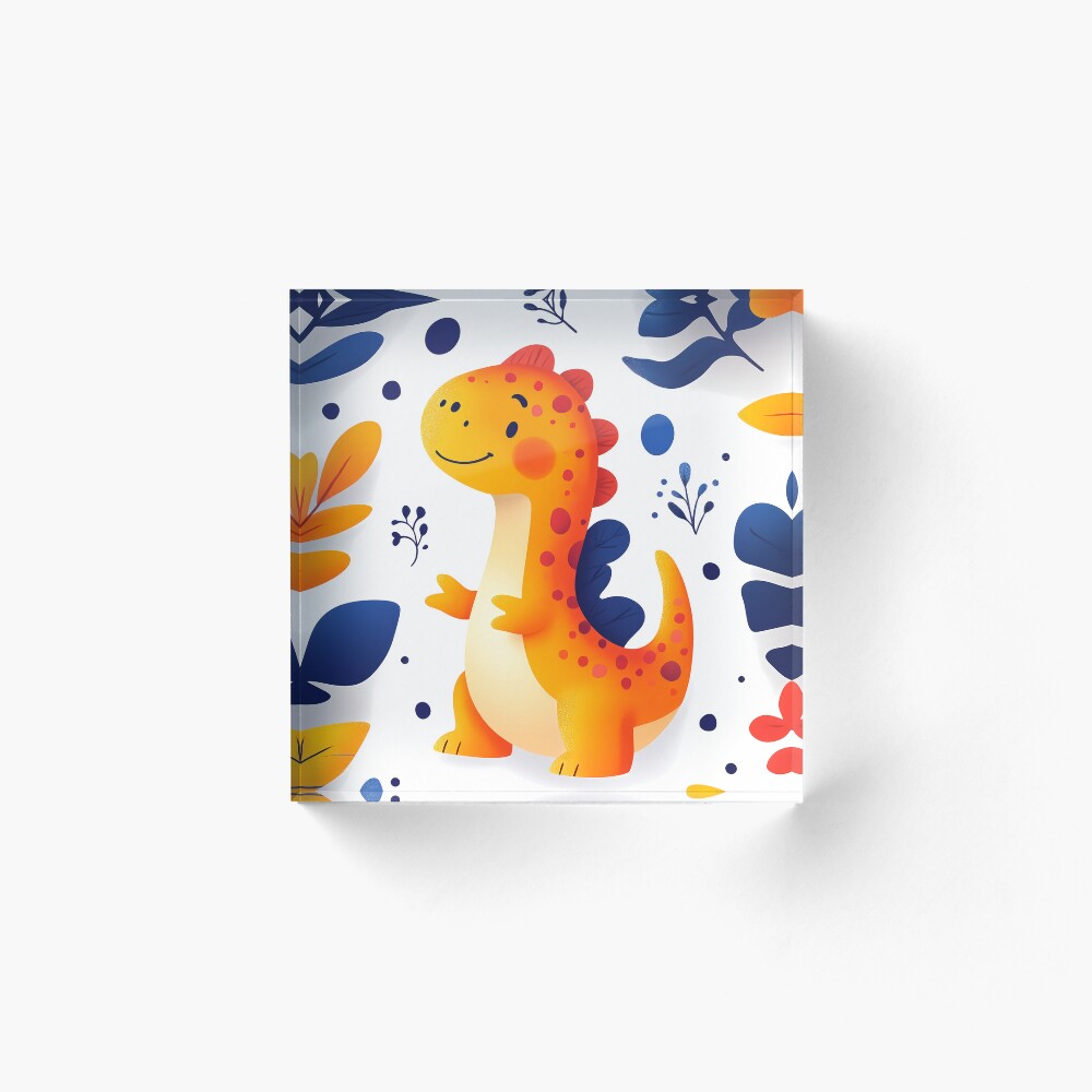 Adorable Orange Dinosaur in Prehistoric Blue Leaves Jungle Acrylic Block
