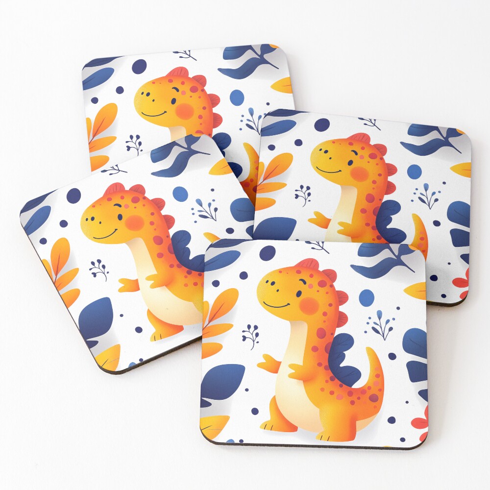 Orange Dinosaur in Prehistoric Blue Leaves Coasters (Set of 4)