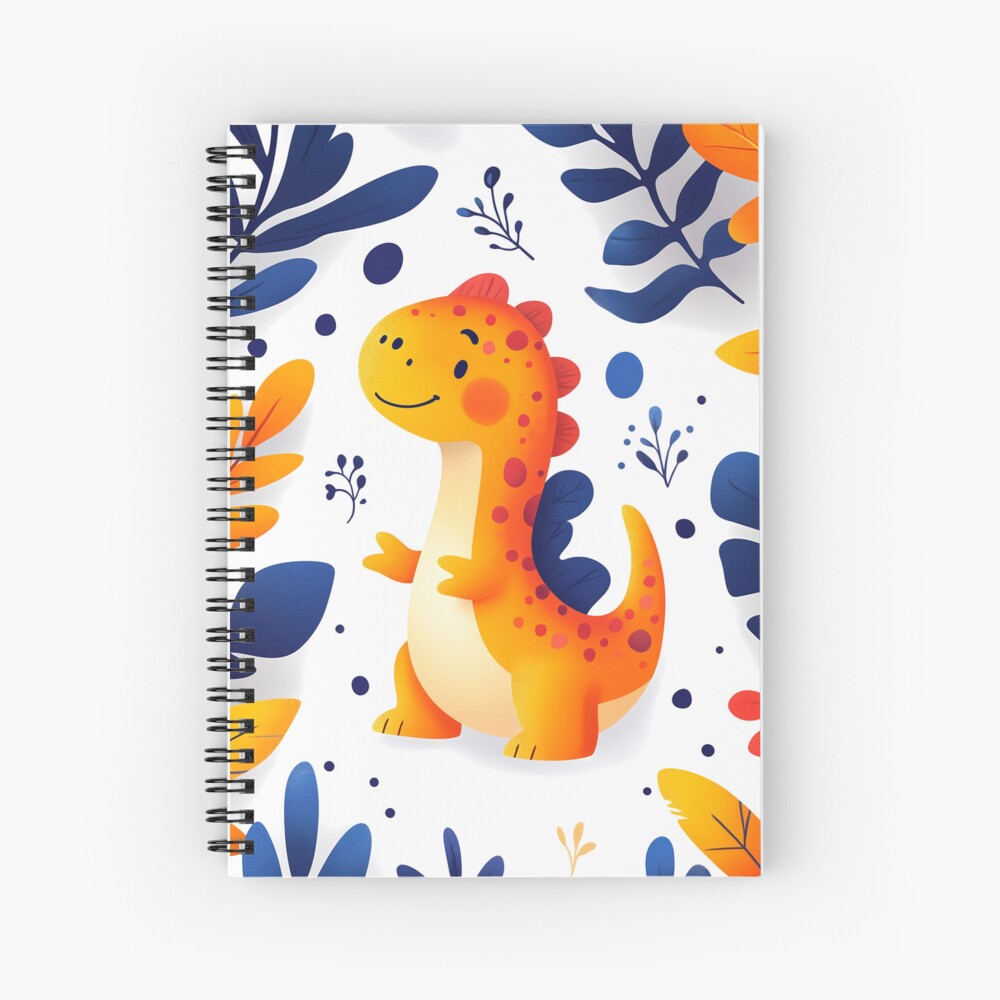 Adorable Orange Dinosaur in Prehistoric Blue Leaves Jungle Spiral Notebook