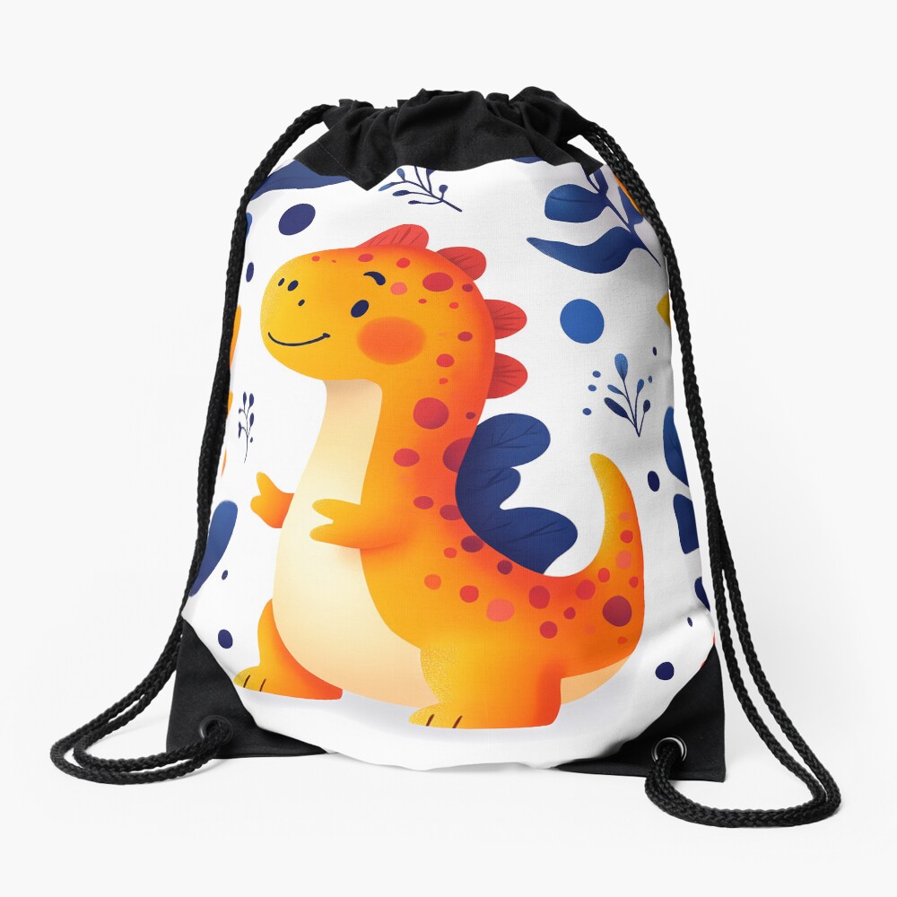 Drawstring Bag: Adorable Orange Dinosaur in Prehistoric Blue Leaves