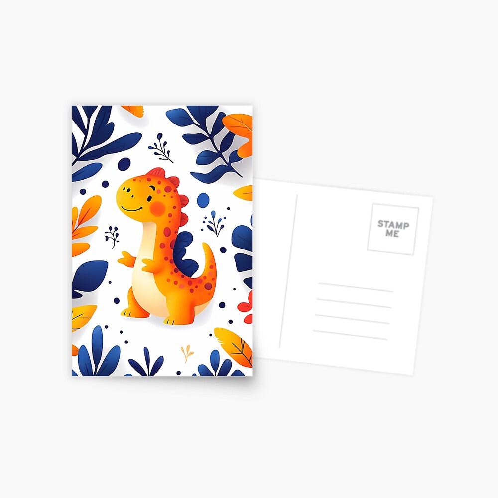 Postcard - Adorable Orange Dinosaur in Prehistoric Blue Leaves Jungle