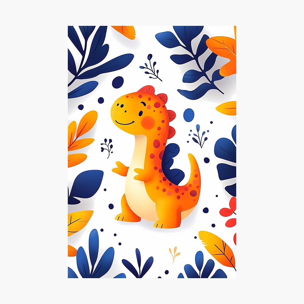 Adorable Orange Dinosaur in Prehistoric Blue Leaves Jungle
