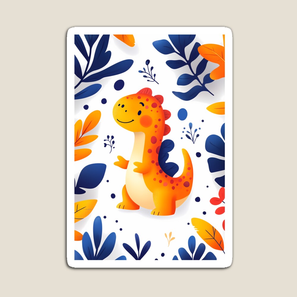Adorable Orange Dinosaur in Prehistoric Blue Leaves Jungle Magnet