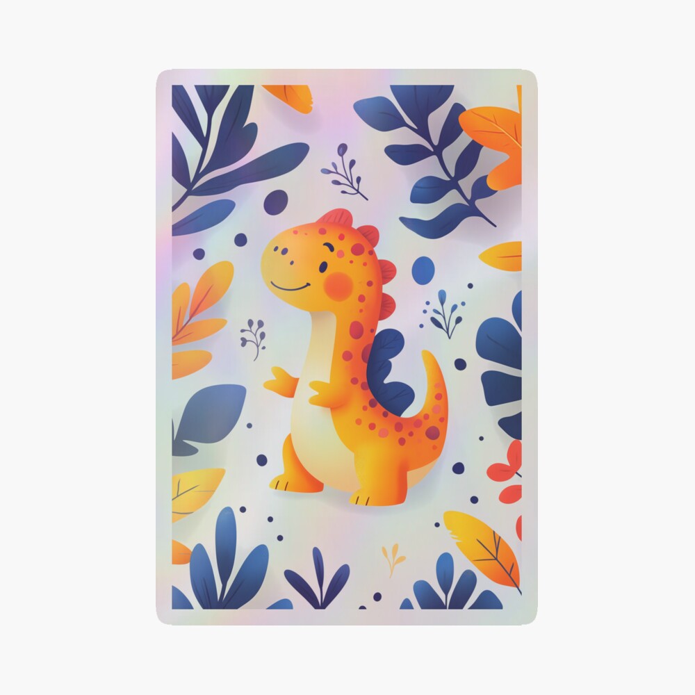 Holographic Sticker Adorable Orange Dinosaur in Prehistoric Blue Leaves Jungle