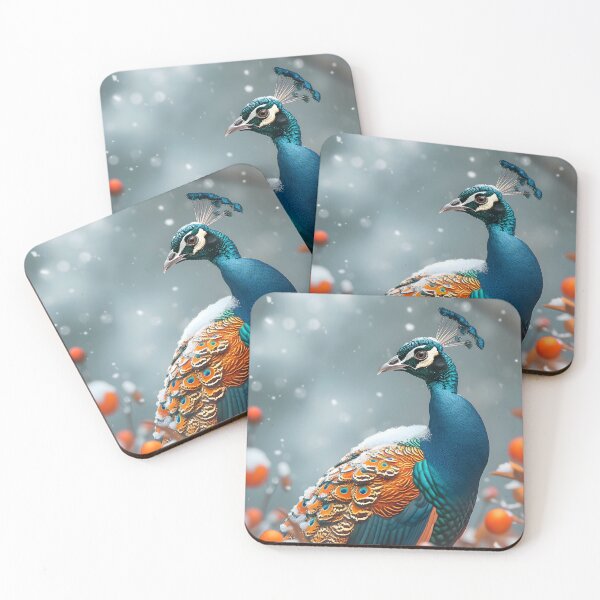 Item preview, Peacock in snowy environment with vivid orange berries designed and sold by Artessie.