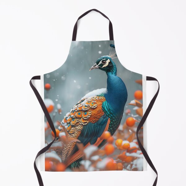 Item preview, Peacock in snowy environment with vivid orange berries designed and sold by Artessie.