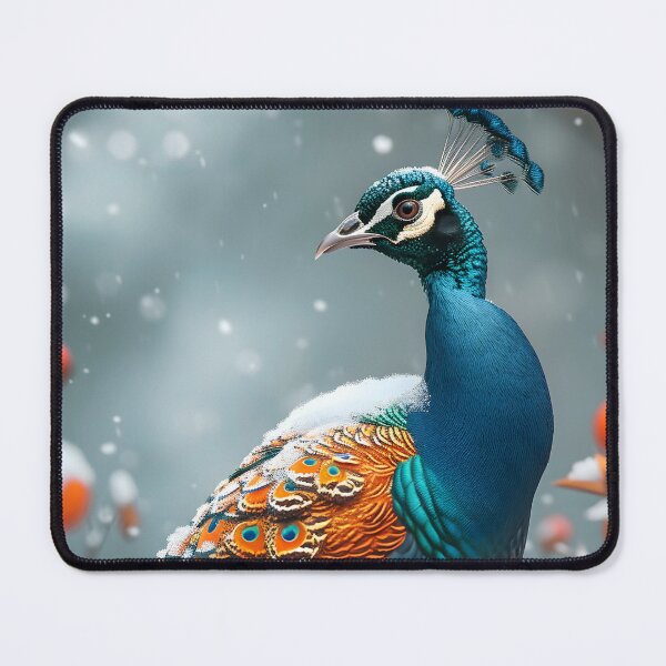 Item preview, Peacock in snowy environment with vivid orange berries designed and sold by Artessie.
