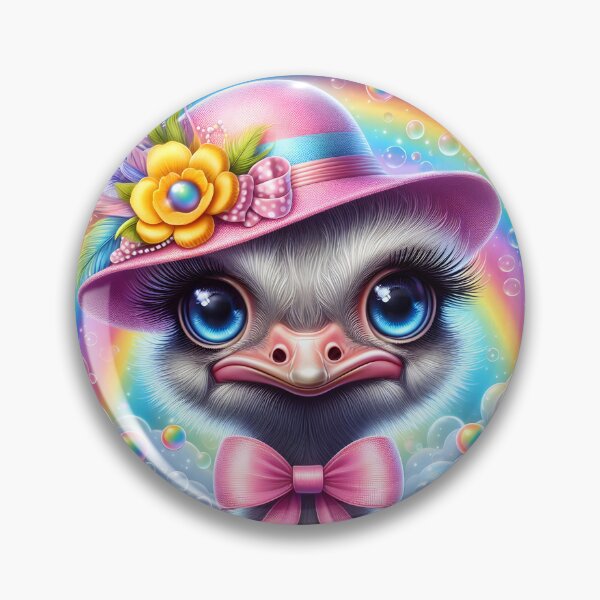 Item preview, Whimsy Ostrich girl portrait in pink hat and bow, bubbles and rainbow designed and sold by EmeraldeaArt.