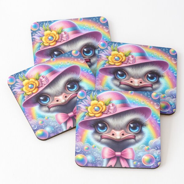 Item preview, Whimsy Ostrich girl portrait in pink hat and bow, bubbles and rainbow designed and sold by EmeraldeaArt.