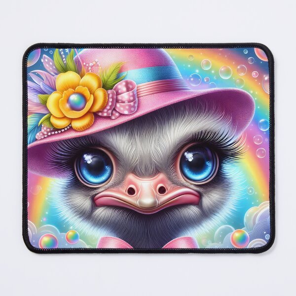 Item preview, Whimsy Ostrich girl portrait in pink hat and bow, bubbles and rainbow designed and sold by EmeraldeaArt.