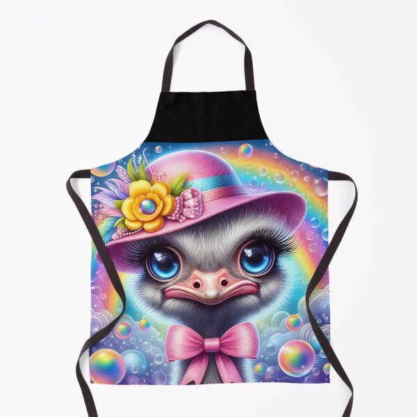 Item preview, Whimsy Ostrich girl portrait in pink hat and bow, bubbles and rainbow designed and sold by EmeraldeaArt.