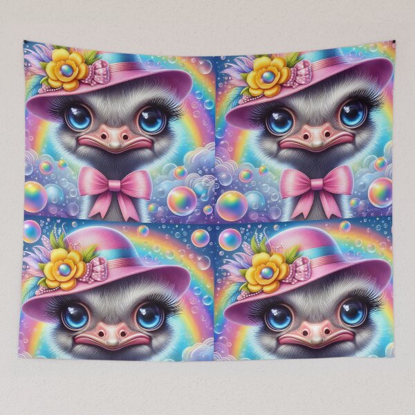 Item preview, Whimsy Ostrich girl portrait in pink hat and bow, bubbles and rainbow designed and sold by EmeraldeaArt.