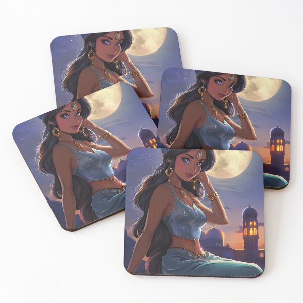 Item preview, Woman in blue attire sitting by moonlit Arabian scenery designed and sold by Artessie.