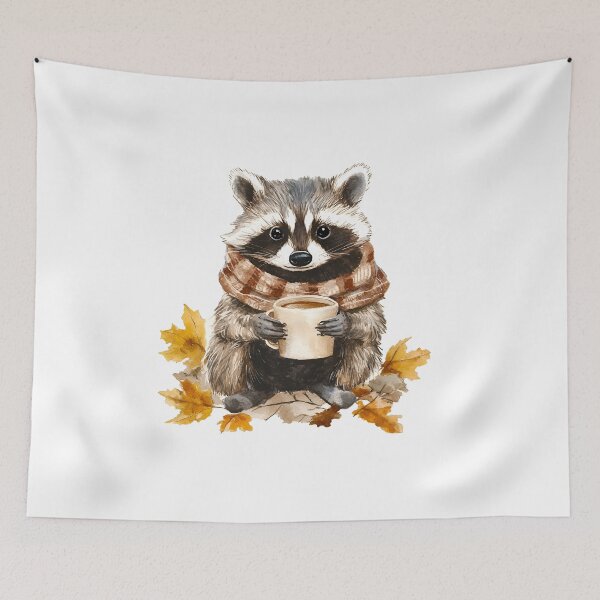 Item preview, Autumn leaves cozy fall raccoon with cup of coffee designed and sold by AngelinaBezm.