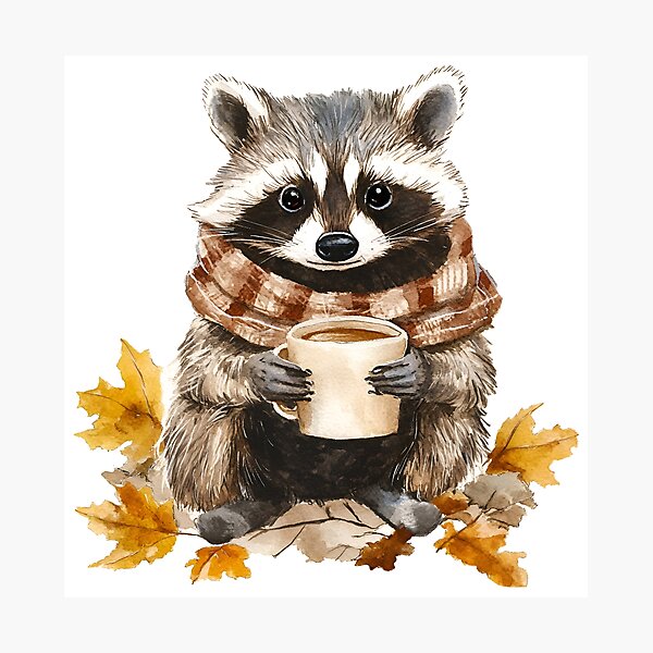 Artikel-Vorschau von Herbstblätter gemütlicher Herbst Waschbär mit Tasse Kaffee, designt und verkauft von AngelinaBezm.