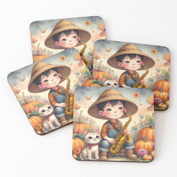 Item preview, Boy Playing Saxophone with Tabby Cat in Garden with Pumpkins designed and sold by ElegantTeaTime.