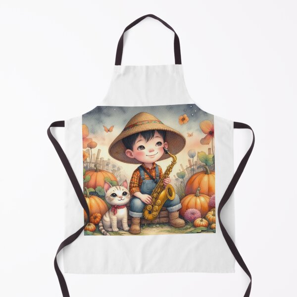 Item preview, Boy Playing Saxophone with Tabby Cat in Garden with Pumpkins designed and sold by ElegantTeaTime.