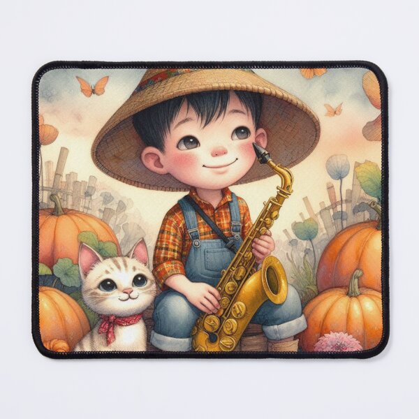 Item preview, Boy Playing Saxophone with Tabby Cat in Garden with Pumpkins designed and sold by ElegantTeaTime.