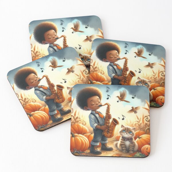 Item preview, Boy Playing Saxophone with Grey Tabby Cat and Birds in Pumpkin Patch with Jack O Lantern designed and sold by ElegantTeaTime.