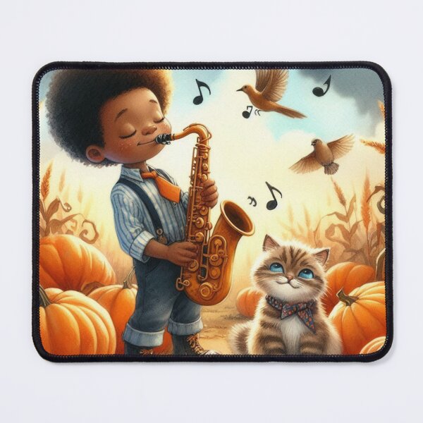 Item preview, Boy Playing Saxophone with Grey Tabby Cat and Birds in Pumpkin Patch with Jack O Lantern designed and sold by ElegantTeaTime.