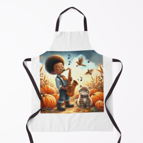 Item preview, Boy Playing Saxophone with Grey Tabby Cat and Birds in Pumpkin Patch with Jack O Lantern designed and sold by ElegantTeaTime.