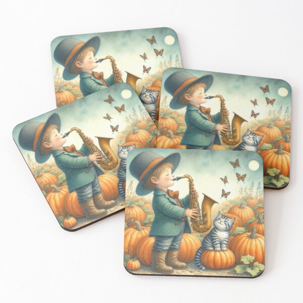 Item preview, Boy Playing Saxophone with Grey Tabby Cat and Butterflies in Pumpkin Patch at Night designed and sold by ElegantTeaTime.