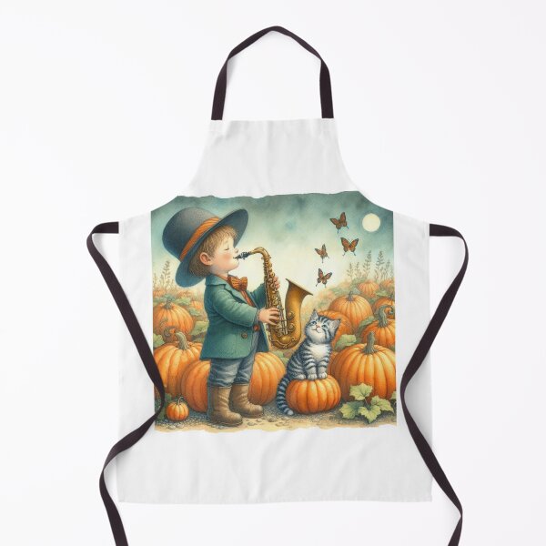 Item preview, Boy Playing Saxophone with Grey Tabby Cat and Butterflies in Pumpkin Patch at Night designed and sold by ElegantTeaTime.