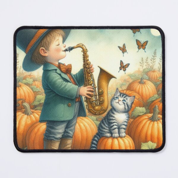 Item preview, Boy Playing Saxophone with Grey Tabby Cat and Butterflies in Pumpkin Patch at Night designed and sold by ElegantTeaTime.