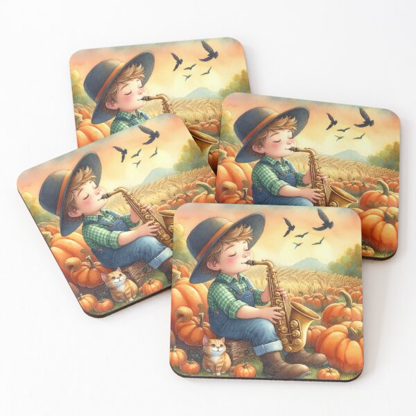 Item preview, Boy Playing Saxophone with Orange Tabby Cat and Birds in Pumpkin Patch at Sunset designed and sold by ElegantTeaTime.