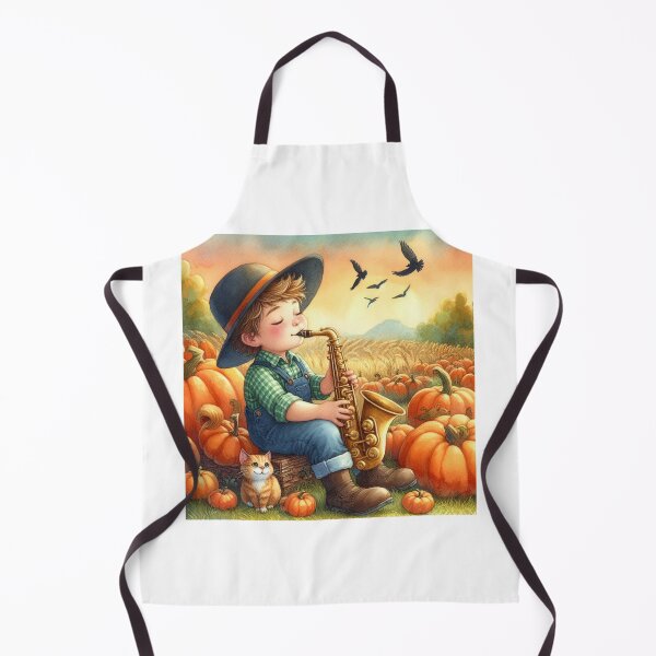 Item preview, Boy Playing Saxophone with Orange Tabby Cat and Birds in Pumpkin Patch at Sunset designed and sold by ElegantTeaTime.