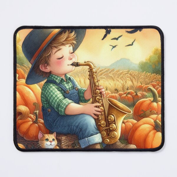 Item preview, Boy Playing Saxophone with Orange Tabby Cat and Birds in Pumpkin Patch at Sunset designed and sold by ElegantTeaTime.