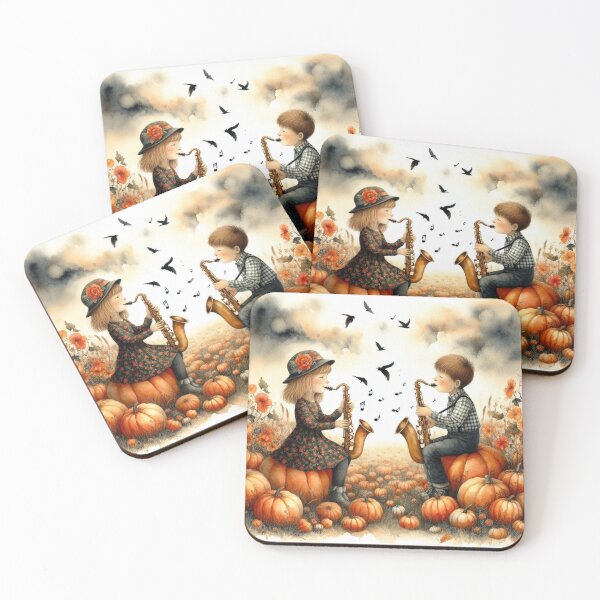 Item preview, Girl and Boy Playing Saxophone in Pumpkin Patch with Bats at Night designed and sold by ElegantTeaTime.