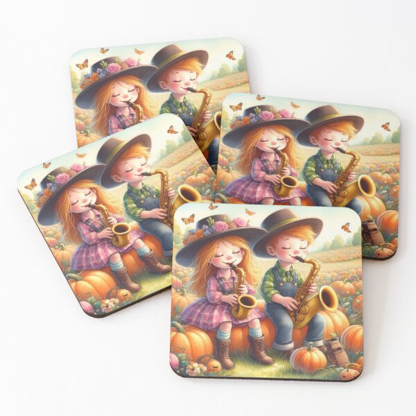 Item preview, Girl and Boy Playing Saxophone in Pumpkin Patch with Butterflies and Flowers designed and sold by ElegantTeaTime.